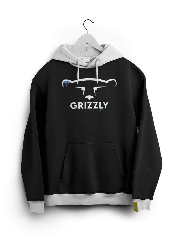 Black with White Hoodie: "APEX.LTD Hoodie in black with white detailing and Grizzly logo.