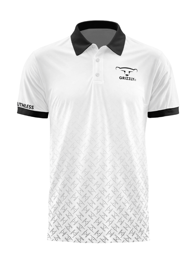 Grizzly Sports Polo with black collar and Grizzly logo texture fade